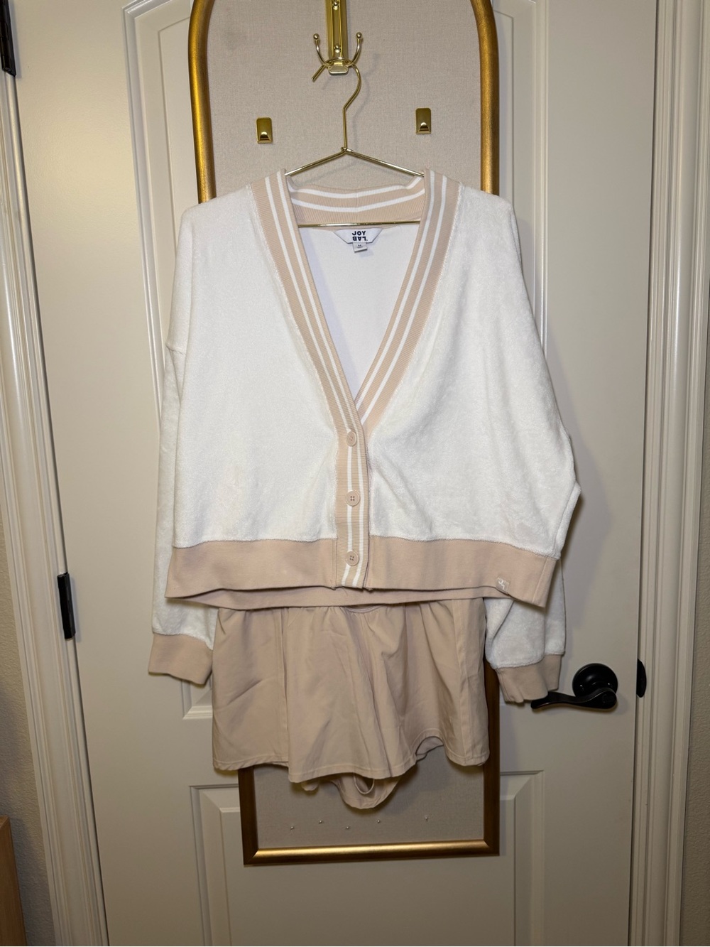 Cozy White Cardigan with Beige Trim